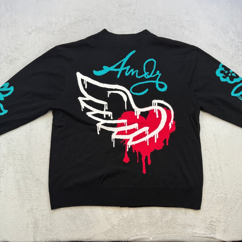 Rebel Minds Cardigan Sweater Mens XL Black Graffiti Cherub Angel Streetwear NEW - Picture 2 of 6